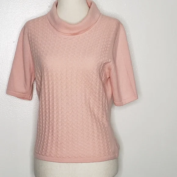 100%Pure Cashmere Light Pink Crop Top Sweater Turtleneck Textured Spring Luxury